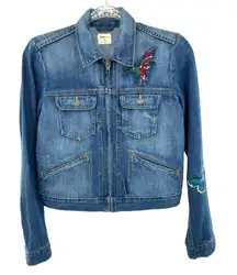 GAP Embroidered Denim Jeans‎ Jacket Zip Up Patches Boho Hippie Size XS