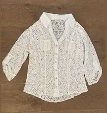 black halo white lace sheer button down blouse