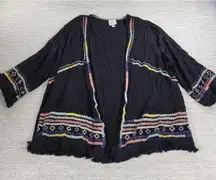 Knox Rose Black Embroidered Fringe Kimono Cardigan Size L Boho Festival