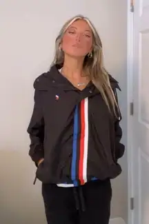 Coolest P. E Nation Black Striped Zip Up with Hood Windbreaker Jacket