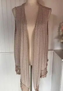 Open Sleeveless Striped Cardigan with Crochet Lace Bottom Trim