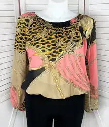Metaphor Equestrian Print Chiffon Smocked Neck Blouse Black Pink XL