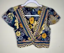Angie Womens Size S Boho Floral Print Flutter Sleeve Surplice Neck Crop Top‎