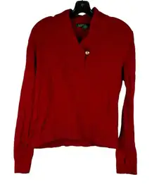 Lauren Ralph Lauren Red Ribbed Sweater Shawl Collar Gold Button Medium