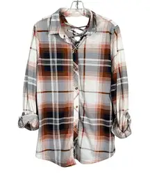 Modish Rebel Buckle White Orange Plaid Cutout Lace Up Back Button Down Western