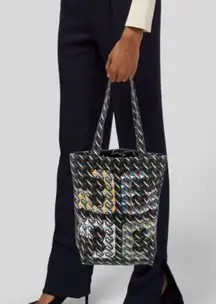 Tory Burch Canvas Swan Logo Everywhere Curly Ribbons Preppy Coastal Tote Bag