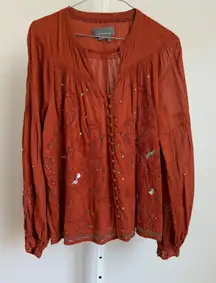 Anthropologie Blouse Top Small Embroidered Sequin Boho Bohemian Button Up‎ Rust