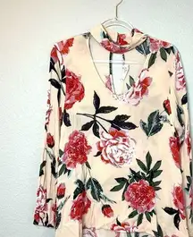 AUDREY Pink Large Floral Long Sleeve Blouse with Front & Back Cutout Size L