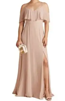 READ Birdy Grey Jane Convertible Chiffon Slit Bridesmaid Dress Beige Taupe Small