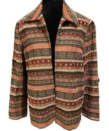 Alfred Dunner Hippie Earthy Eclectic Striped Tapestry Beaded Open Face Coat
