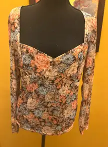 SHEIN Romantic Curve Sheer Floral Sweetheart Neckline Top 0XL