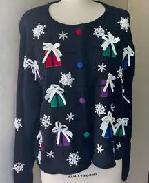 Vintage Mandal Bay Christmas Present cardigan Sweater Size large bows pearls