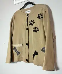 Vintage Tan Sweatshirt Cardigan Button Front Dog Bones Paw Print Size Small Boxy