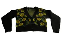 Grunge Floral Cropped Y2K Knit Cardigan Black Yellow Rose Forever 21 Small
