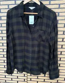 Lucky Brand Olive And‎ Black Plaid Button Down Shirt Size Medium