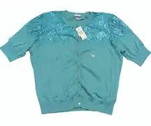 Van Heusen Cardigan Sweater XL Lace Trim Button Front Teal Green NWT