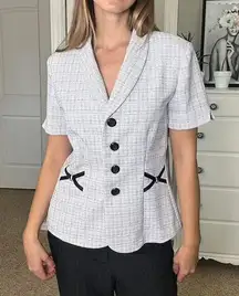 White and black plaid peplum mini blazer with bow detailing
