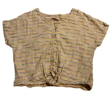 Belle Du Jour Tan‎ and Gray Crop Blouse with Tie Front 100% cotton