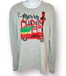 Love in Faith Merry Christmas Truck Long Sleeve Tshirt Marled Grey Red S