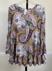 Paisley Boho Ruffle Hem Tunic Top Long Sleeve Flowy Multicolor Dressy Casual