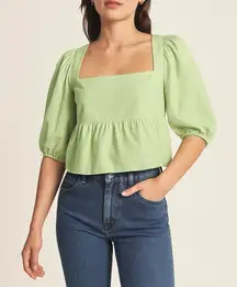 🆕 Abercrombie & Fitch Puff Sleeve Poplin Squareneck Top in Soft Sage Green