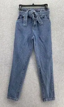 Refuge Women's Mom Jeans Belted Blue Denim Straight Leg Size Small 100% Cotton