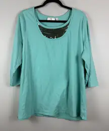 Quacker Factory Womens Top 2X Blue‎ Sequin 3/4 Sleeve Blouse 100% Cotton Mature