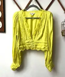 Jacquard Satin Neon Yellow Crop Top with Lace Detail 8 Medium