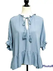 Umgee Dusty Blue V Neck Tie Half Dolman Sleeve Ruffle Linen Oversized Top Small