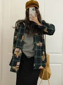 Green checked denim shacket with teddy bear from TED movie