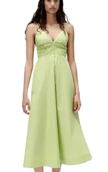 Zara X-Small Poplin Bright Green Ruched Midi Dress Pockets 100% Cotton