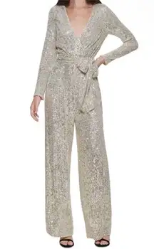 Eliza J Women's Jumpsuit Sequin Long Sleeve Belted Champagne
 Size 16W