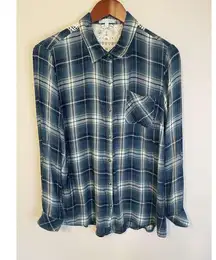 Country Living Shirt‎ Sz L Blue/Green Plaid Flannel Lace Back Button Up Western