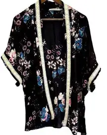 Liberty love floral open kimono with cream lace, trim women large