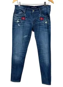 Driftwood Jeans Womens 29 Embroidered Flower Distressed‎ Blue Denim Skinny