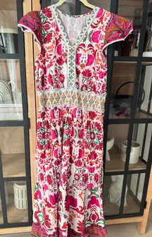Floral smocked waist maxi midi dress ruffle flutter sleeve colorful bright print