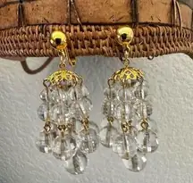 Avon Gold tone clear lucite beaded multi strand clip on drop earrings