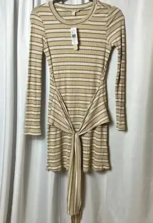 GB Womens Size S Ribbed Stripped Front Tie Pullover Long sleeve Taupe Dress NWT