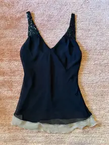 Papaya women sleeveless chiffon cami top black beige beaded straps ruffle hem