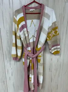 Loveshackfancy Grayson Duster Knit Belted Jacquard Cardigan Pink and Gold Star