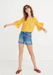 Madewell Silk‎ Painted Carnations Floral Ruffle Sleeve Blouse Gold Yellow
