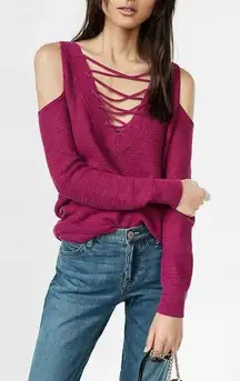 EXPRESS Burgundy Lace‎ Up Cold Shoulder Sweater Top Reversible Size Small New
