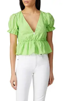 Line and Dot Willow Top Womens Med Neon Green  V-Neck Ruffle Short Sleeve V-Neck