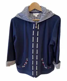 Breckenridge Blue White Gingham Zip Up Hoodie Coastal Preppy Sweatshirt M