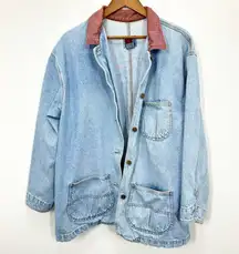 Vintage 90s Women's Size XL Denim Trench Chore Coat Light Wash Contrast Collar