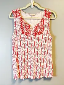 Skies Are Blue Top Coral & White Embroidered Yoke Sleeveless Sz 8 EUC Slit Neck