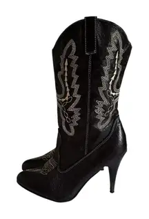 Ellie Black Embroidered Heeled Boots EUC