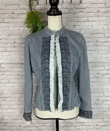 Vintage Vertical Stripe Pin Stripe Blue Ruffle Stretch Denim Jacket