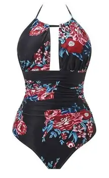 Black Floral Swimsuit Tummy Control  Deep Plunge Backless Halter Small NWT #0509