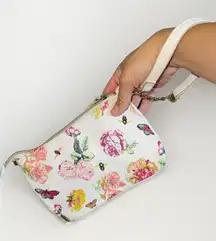 Betsey Johnson White Wristlet Clutch Handbag Floral Bee Butterfly Gold Chain